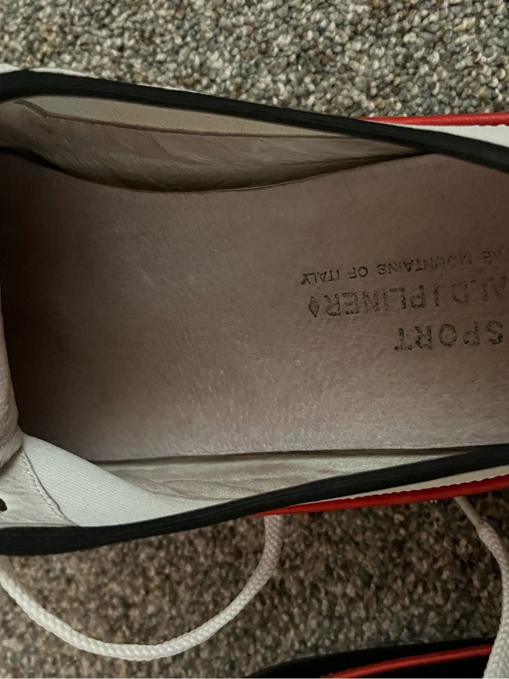 Donald J Pliner white canvas and black leather sneakers with red trim. - Picture 8 of 9